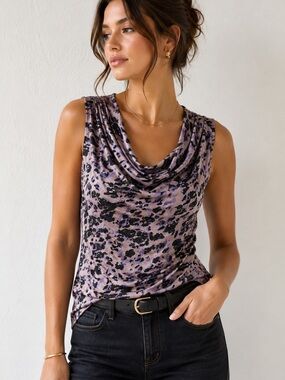Anthropologie Deletta Cowl Neck Leopard Print Tank NWT Mauve XS Y2K Mob Wife
